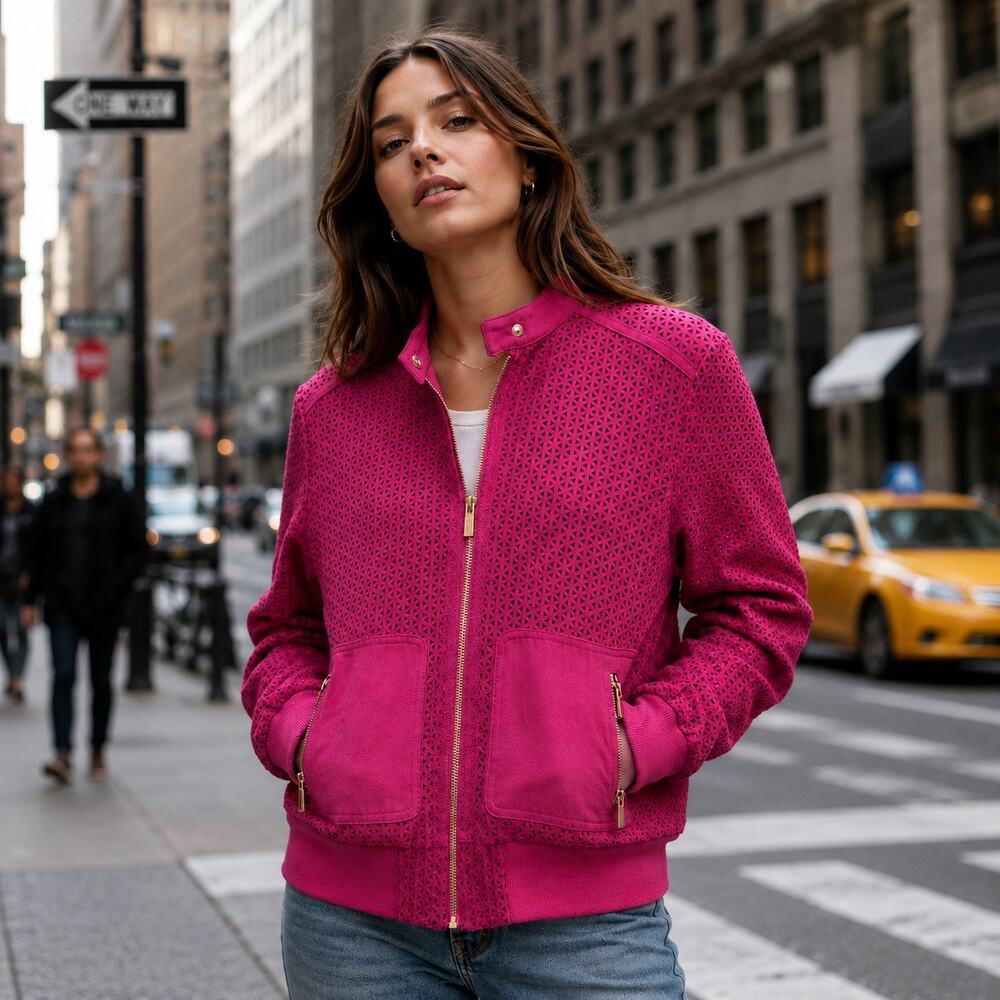 Kenneth Cole NY Faux Suede Pink Bomber Jacket Sz S Cottagecore